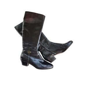 Ferragamo Boots Womens 7 B Black Italian Leather Knee High Mid Heel Quiet Luxury